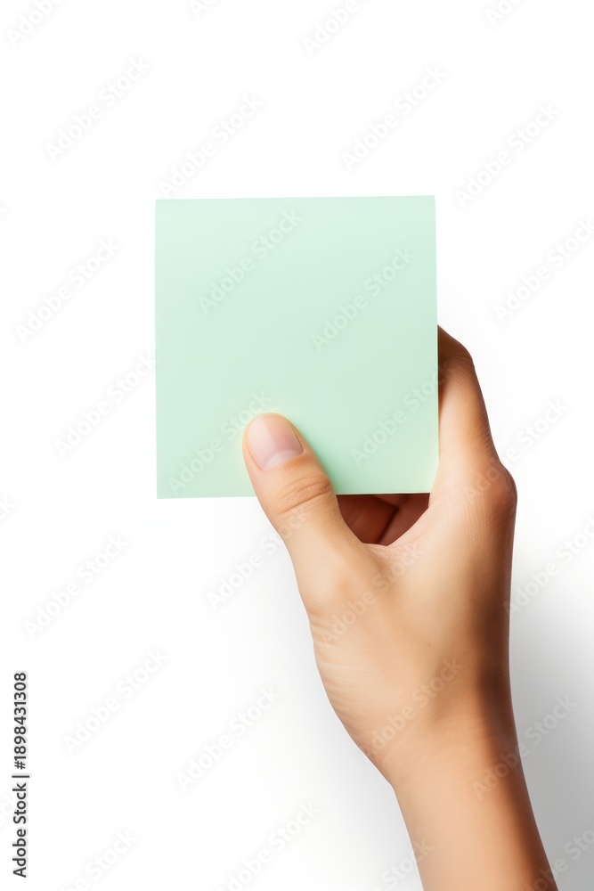 Obraz premium Green pastel Sticky note hand holding paper.
