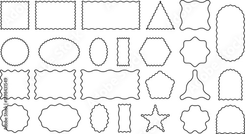 Collection of hand drawn wavy frames and abstract borders in black outline. Decorative shapes including rectangles, circles, ovals, stars, and labels.