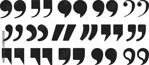 Stylish quotation marks vector collection with multiple shapes and forms. Simple black punctuation icons perfect for quotes, text layouts, editorial content, and modern visual communication.