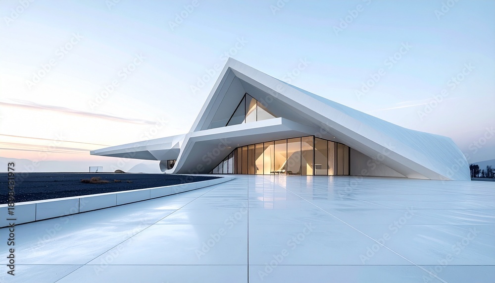 Fototapeta premium “Futuristic white architectural building with flowing curves, sculptural columns, and curved glass facade against clear blue sky with distant mountains”