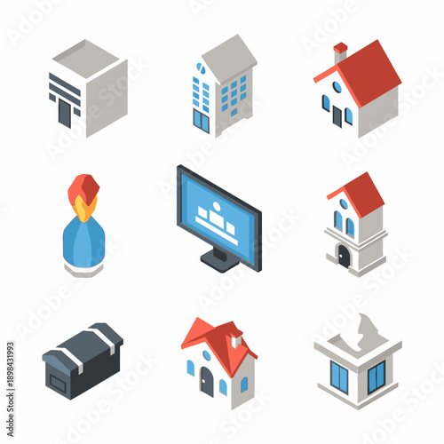 Collection of 3D icons representing various buildings and objects.