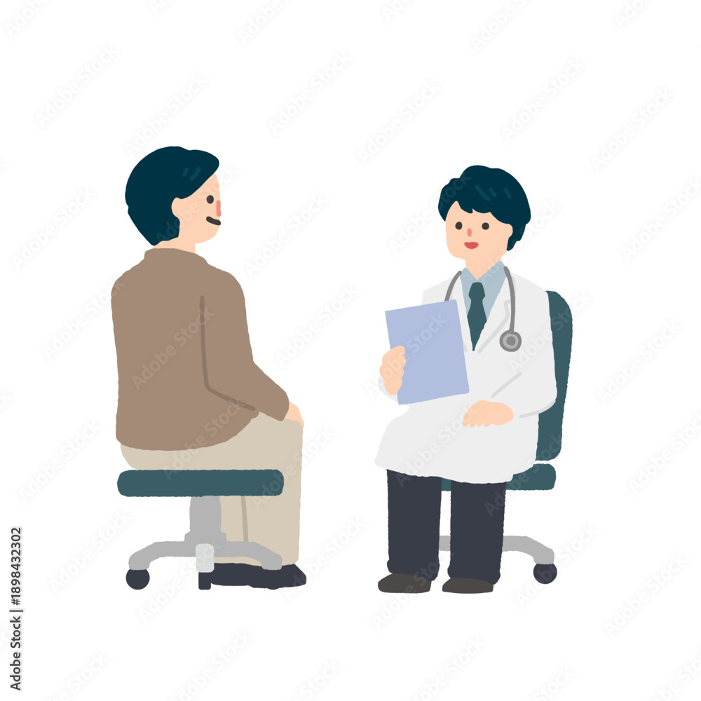 Obraz premium 男性患者と診察をする医師のイラスト / Illustration of a doctor examining a male patient