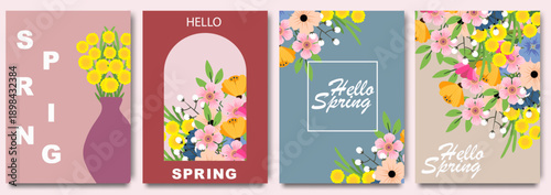 Spring floral greeting card set with colorful flowers and text hello spring in flat vector illustration