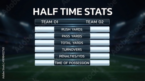 Half time sports statistics scoreboard,blank table layout for football or basketball game,team performance indicators with dark stadium background,editable template