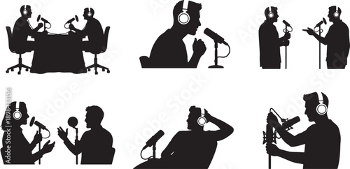 Black Solid Office Podcast Silhouettes Set of Six on White Background