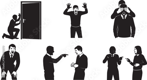 Black Solid Office Prank Silhouettes Set of Six on White Background