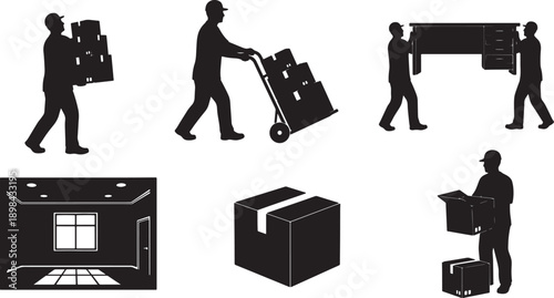 Black Solid Office Relocation Silhouettes Set of Six on White Background