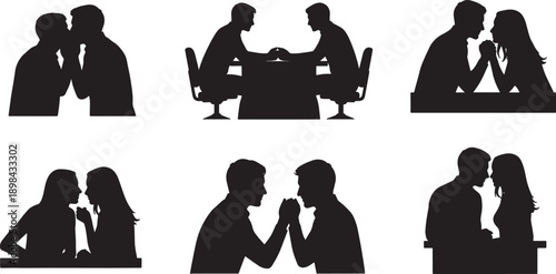 Black Solid Office Romance Silhouettes Set of Six on White Background