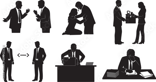 Black Solid Office Breakup Silhouettes Set of Six on White Background
