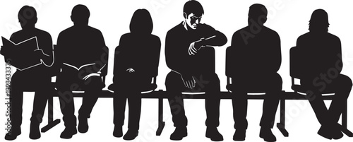 Black Solid Office Waiting Room Silhouettes Set of Six on White Background