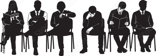 Black Solid Office Waiting Room Silhouettes Set of Six on White Background