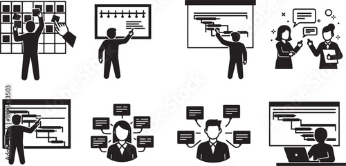 Black Solid Project Management Silhouettes Set of Six on White Background