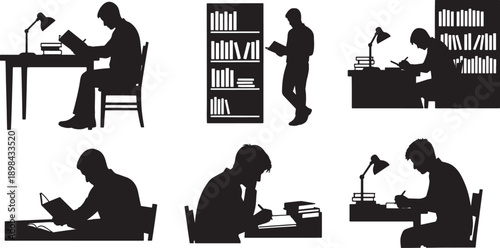 Black Solid Quiet Study Silhouettes Set of Six on White Background