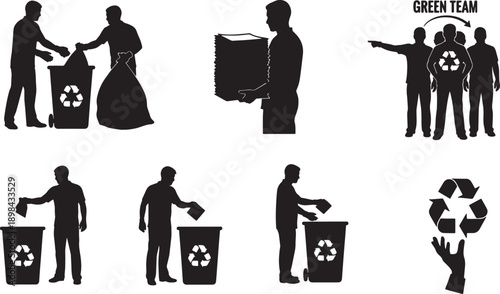 Black Solid Office Recycling Silhouettes Set of Six on White Background