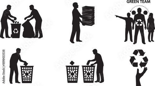 Black Solid Office Recycling Silhouettes Set of Six on White Background