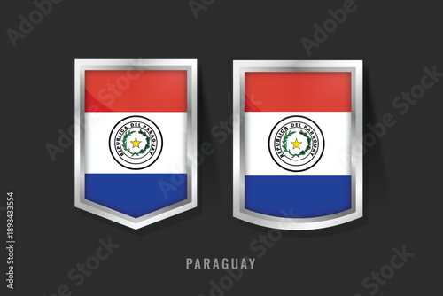 The flag of Paraguay, featuring two red bands, a white band with the national coat of arms, and a blue band
