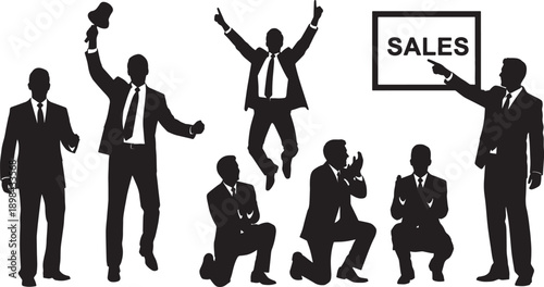 Black Solid Sales Team Energy Silhouettes Set of Six on White Background