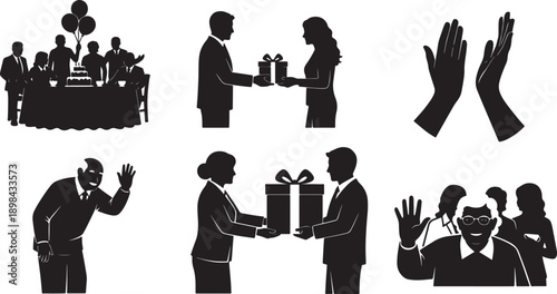 Black Solid Retirement Party Silhouettes Set of Six on White Background