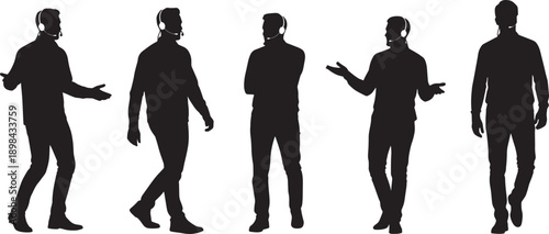Black Solid Modern Tech Presenter Silhouettes with Headsets Set