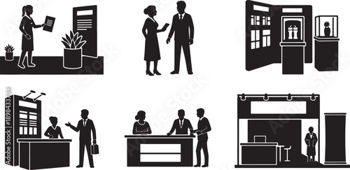 Black Solid Trade Show Booth Silhouettes Set of Six on White Background