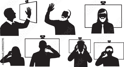 Black Solid Virtual Meeting Silhouettes Set of Six on White Background
