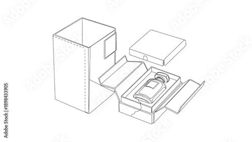 Black Continuous Line Art Exploded Luxury Perfume Box Packaging Mockup with Outer Sleeve and Bottle Placement