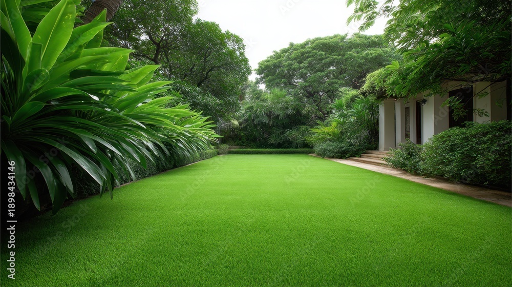 Obraz premium Lush Green Lawn Surrounded by Vibrant Plants and Elegant Architecture in a Tranquil Outdoor Space Ideal for Relaxation and Recreation