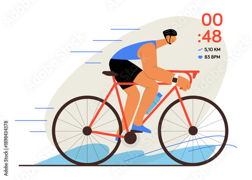 Male cyclist riding bicycle wearing helmet and wearing smart watch outdoor activity. Time data and clock icon. Wearable sport device. Flat vector illustration on a colorful background.
