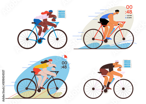 Set of male and female cyclist riding bicycle wearing helmet and checking his smart watch outdoor activity. Imitation of a glass screen projection with sport data. Wearable sport device. 