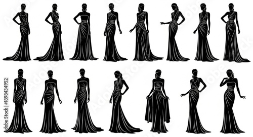 Elegant Silhouettes of Women in Formal Gowns.