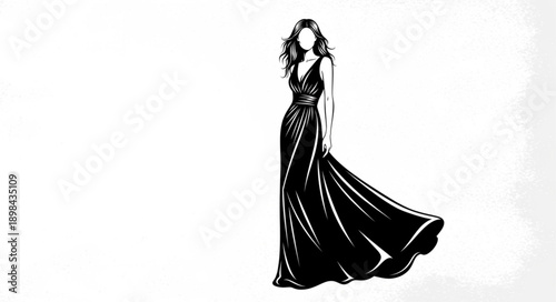 Elegant Woman in Black Evening Gown Fashion Illustration.