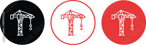 Tower crane icon set construction lifting equipment building industry symbol minimal flat black red vector illustration