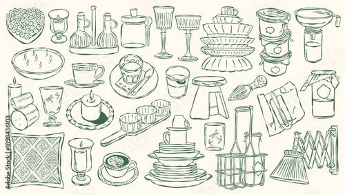 Hand-drawn home decor vector illustrations in sketch style for greeting cards, wedding invites, posters, branding, logo design, backgrounds, and modern creative projects.
