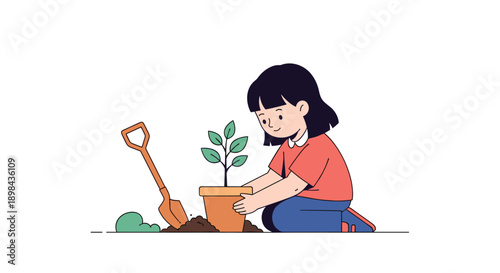 Cute illustration of a young girl kneeling and carefully planting a small green sapling in a ceramic pot with a shovel nearby.