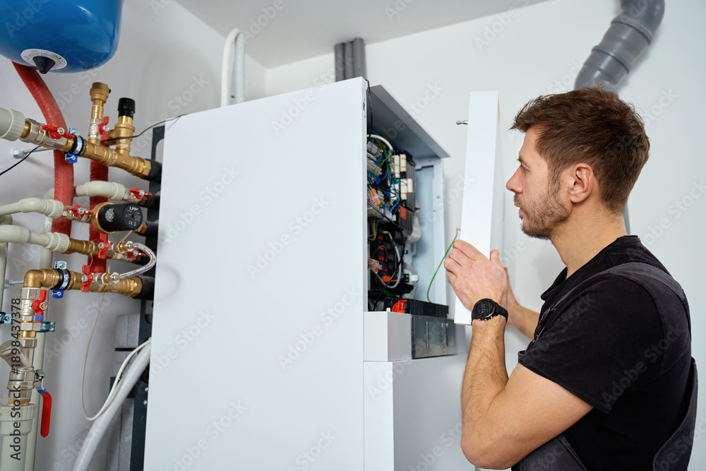 custom made wallpaper toronto digitalTechnician open control panel with internal wiring to inspecting heat pump unit. Specialist servicing heating and cooling system. Concept of HVAC maintenance, home heating system and energy efficiency