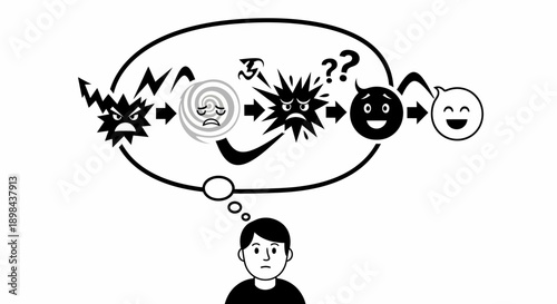 Man with Thought Bubble Showing Emotions.