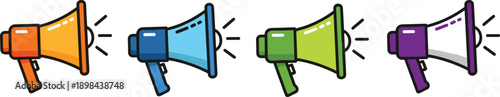 Colorful megaphone icons set illustration, loudspeaker announcement symbols, marketing promotion concept, communication alert design, flat vector isolated