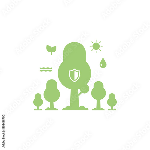 “Forest conservation illustration, protected trees and nature symbols, flat design, clean geometric shapes, minimal style, solid colors, vector-friendly, no text, simple background”