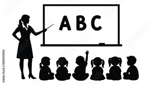 A teacher stands in front of a chalkboard with the letters abc while students sit and learn. Vector