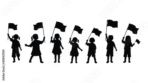 Silhouette of diverse group of people holding flags in a line. Vector