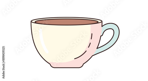 Illustrated teacup with beverage, simple line art, pastel colors, coffee or tea concept