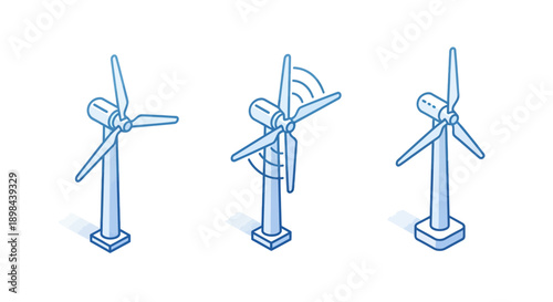 Illustrated sequence of wind turbines showcasing renewable energy and sustainability concept