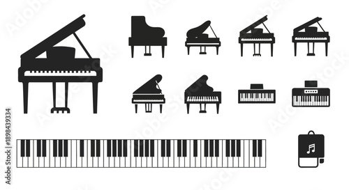 Piano Keyboard and Various Piano Silhouettes.