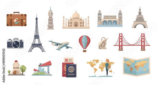 Illustrated travel elements representing global landmarks and tourist essentials perfect for
