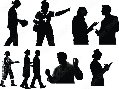 Silhouettes of people communicating and interacting in various professional and casual settings