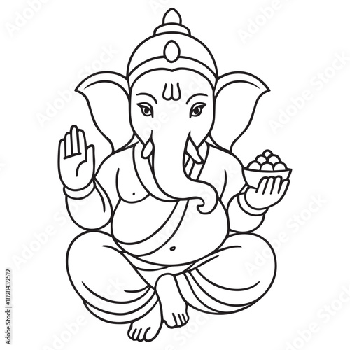 Simple Lord Ganesha Coloring Page Vector, Clean Line Art for Printable Hindu God Illustration