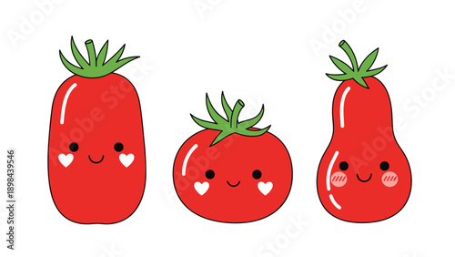 trio of adorable red tomato characters with sweet smiling faces and heart shapes on their cheeks arranged in a row on a plain white background.