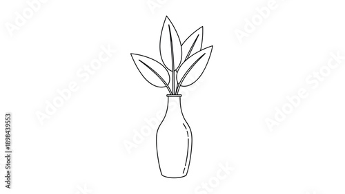 elegant minimalist line art of a tall ceramic vase holding four simple long leaves creating a modern and sophisticated aesthetic for the home.
