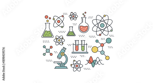 Illustration depicting scientific concepts, lab equipment, and molecular structures in a circle