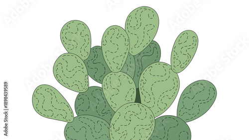 intricate drawing of a prickly pear cactus plant with numerous overlapping green pads and textured dashed line patterns for a desert theme.